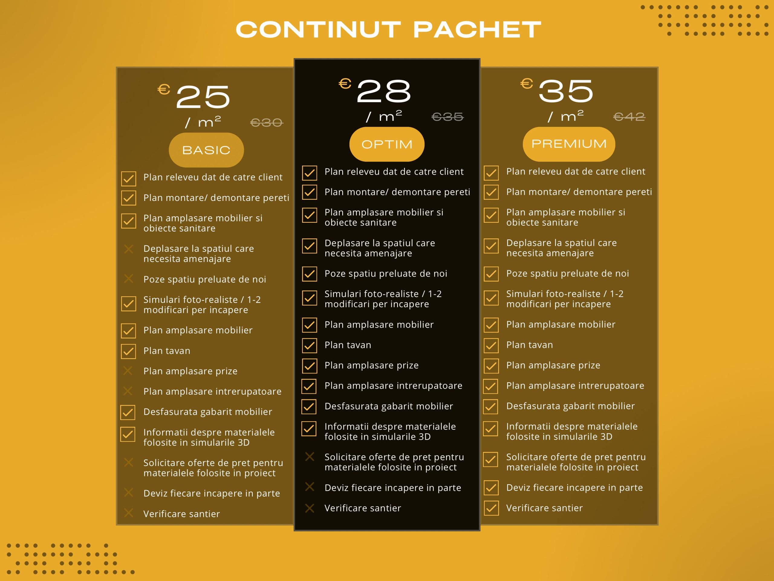 Pachet de prețuri prezentat vizual, cu tarife clare și opțiuni de servicii.