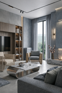 Design interior cool minimalist cu paletă cromatică rece în nuanțe de gri, alb și albastru, cu materiale moderne precum beton, marmură și metal
